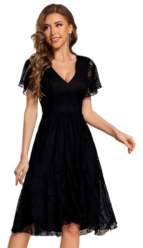 Ever-Pretty Vestido de Mujer Bordado Invitada de Boda Midi Cuello en V Corte Imperio Fiesta Negro 38