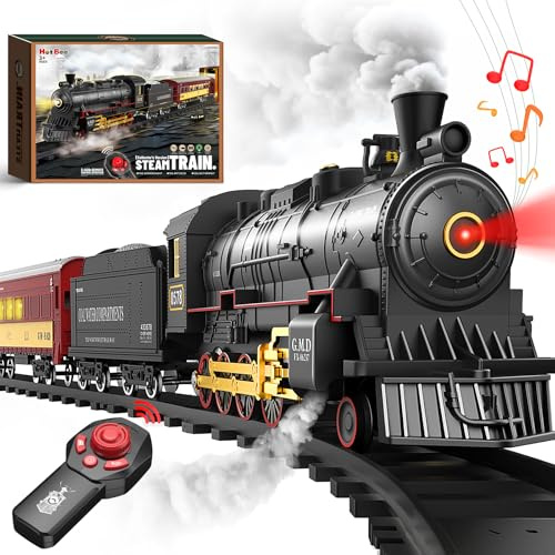 Hot Bee Elektrisch Weihnachtszug, Fernbedienung Dampflok Kinder mit Licht, Sound & Dampf, Strecken, Kinder & Erwachsene, Zug Spielzeug