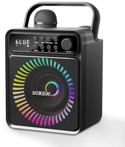 SORDA Portable Bluetooth Karaoke Machine for Adult Kid with Storage & Charging Station, 2 Rechargeable Wireless Microphones, 12H Play, Support EQ/USB/AUX, Voice Change, for Outdoor Indoor Party(Black)