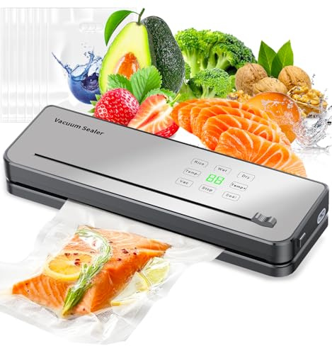 Envasadora al Vacio ESoundvol 8 en 1 Con Control de Temperatura Flexible, Cortador Integrado y Pantalla LED Visible Para Conservar Alimentos Frescos, Tanto Secos Como Húmedos, Con 10 Bolsas-Plata