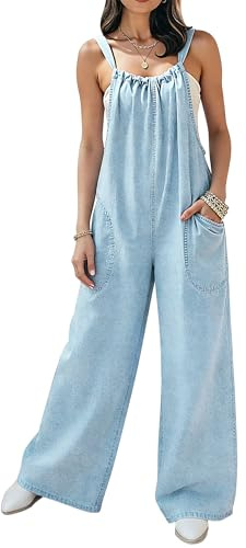 POTILI Denim Overalls for Women Jean Jumpsuit Wide Leg Adjustable Tie-Back Straps Loose Fit Baggy Jumpers Rompers Overol Para Mujer Jump Suits Light Blue Size 8 10 Medium