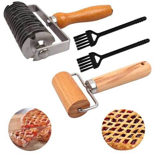 4pcs Cortador de Rodillo de Celosía de Masa, Rodillo Cortapastas en Acero Inoxidable con Mango de Madera, Set Utensilios de Repostería con Rodillo y Cepillos para Hojaldre Pizza Galletas Pan
