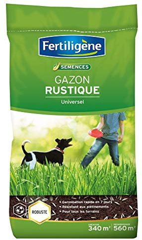 FERTILIGENE RUST340 - Semences Gazon Rustique Universel 8,5 kg - Premières pousses en 1 semaine - Résiste aux piétinements - Pour tous types terrains - Pour 340m² de création et 560m² de regarnissage