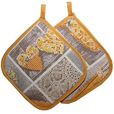 Russo Tessuti Coppia 2 Presina Forno Shabby Cuore Allungato Cucina Cordinato 19x19cm-Giallo