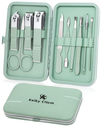 Manicure Set 10pcs Professional Nail Clippers Kit Pedicure Care Tools-Stainless Steel Grooming Tools for Travel (Green)