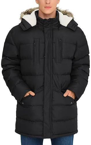 Rejork Men's Long Winter Coats Warm Water Resistant Puffy Hooded Windbreaker Insulated Thicken Jackets with Hood Black Medium