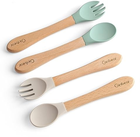 Ginbear Silicone Baby Spoons and Forks, Self-Feeding, Soft Tip, 12-18 Months, Toddler Feeding Utensils, 4 Piece Set (Hazy Green/Almond)