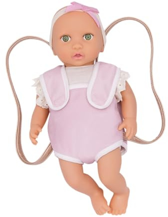 LullaBaby LBY7647Z babydocka med bärsele – porslin hudton och gröna ögon – 36 cm babydocka, mjuk kropp – med dockkläder – leksak för barn från 2 år – rosa, multi