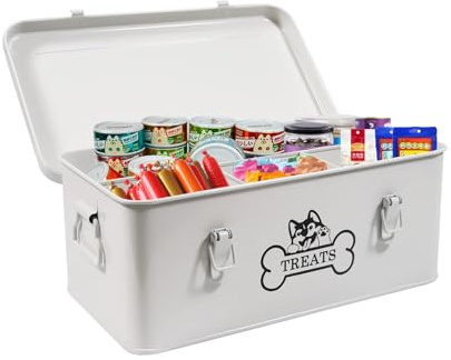 Brabtod Metal Dog Treat Container,Dog Treats Storage Box with Lid,White Pet Food Bin with Dividers,Rectangular Dog Cat Treats Organizer,Ideal for Sort,Great Gift for Pet Owners