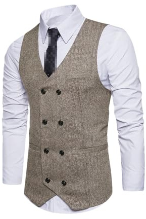 Kiioouu Gilet da uomo in tweed a spina di pesce vestito business per gli uomini con scollo a V doppio petto gilet gilet da sposa, cachi, L