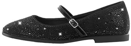 Ankle Strap Ballet Flats Ballerinas Flat Shoes Crystals Flat Pumps with Low Block Heels for Women Studded Sequins Heeled Pumps Buckle Up Flats Slide Slippers Sandals Black Flats Size 12
