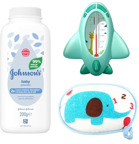 Mysterial Baby Essentials Bundle: Baby Powder 200g, Water Temperature Bath Thermometer, and Natural Baby Bath Sponge - Newborn Bath Set