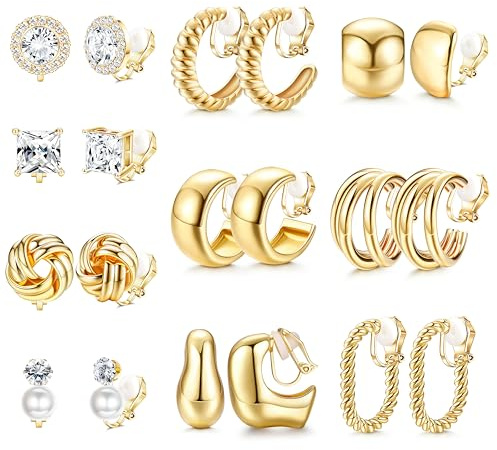 FIBO STEEL 10 Pairs Clip On Earrings for Women Non Pierced Ears CZ Pearl Knot Twist Chunky Hoop and Studs Earring Set Ear Clips Jewelry 14K Gold Plated