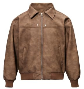 Fullneat Men’s Faux Leather Bomber Jacket Boxy Vintage Motorcycle Moto Coat Black Jacket Unisex Streetwear Zip Up Biker Outerwear Fashion Trendy Outfits for Men Women Casual Daily Wear Brown XL