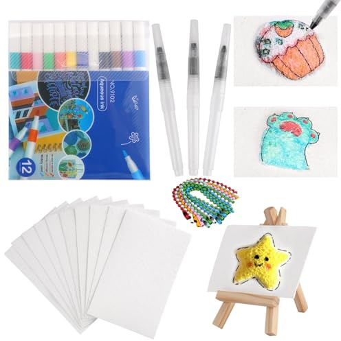 36 stycken Magic Puffy Paint Set, 3D-skummålningsset, med 10 rektangulära texturmålningspapper, 12 färger pennor, skumtextur målningsset, magicpuffy paint watercolor, för gör-det-själv konst och
