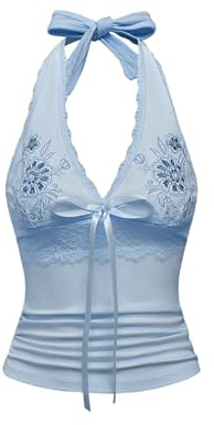 OYOANGLE Women's Y2k Halter Tank Tops Floral Embroidery Bow Lace Trim Ruched Fitted Sleeveless Going Out Top Light Blue Medium