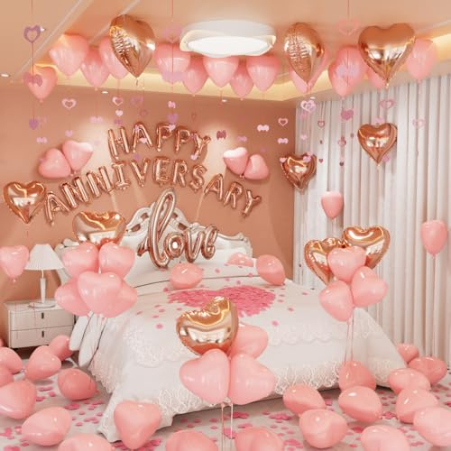 Adeyoo Pink Anniversary Balloons Decorations for Romantic Valentines Party | Rose Gold and Pink Valentines Day Balloons with Happy Anniversary Banner Love Heart Balloons Rose Petals Heart Hanging String