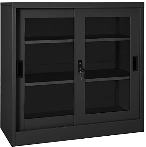Generic Skjutdörrsskåp, Vit 90x40x90 Cm Stål, med 2 Ställbara Hyllor, Lås, för Kontorsförvaring (Antracit)