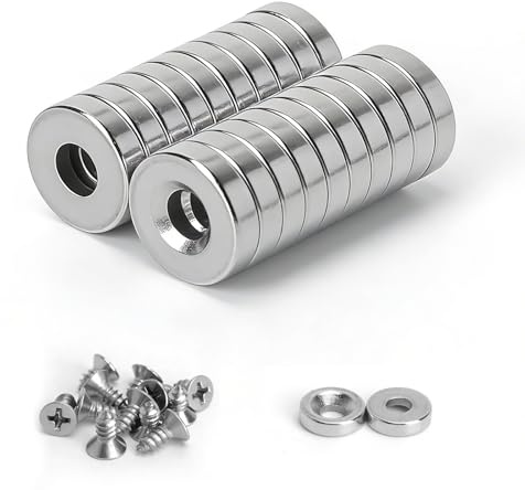 LOLANIUT 25 St Neodymmagneter med Försänkt Hål 10 x 3 mm, Extra Starka Runda Magneter med 50 M4 Skruvar, Skruvmagneter för Trä Metall Magnettavla Skåp Verkstad Gör det Själv