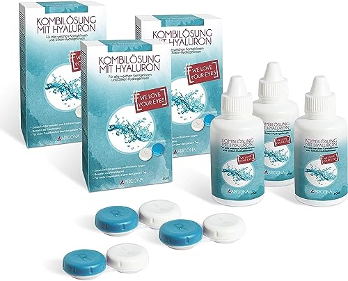 aricona Kontaktlinsen Fluessigkeit - 3 x 60ml Kontaktlinsenflüssigkeit mit Hyaluron - All-In-One Kontaktlinsen Pflegemittel inklusive Behälter