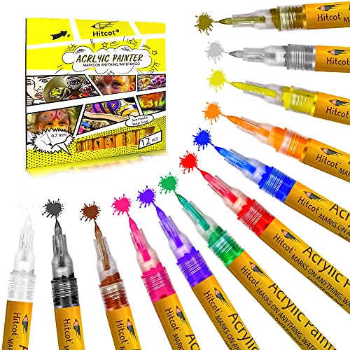 HITCOT Acrylic Paint Pens 12 Pack with 3 Stencils for Rock Painting, 0.7mm Fine Water Based Tip Permanent Paint Markers, Acrylic Pens for Ceramic, Wood, Stone, Glass, Fabric, Kids DIY & Card Making