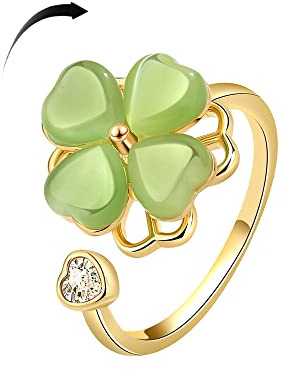 Green Four Leaf Clover Spinner Ring Cubic Zirconia Love Heart Cat Eye Stone Flower Stacking Adjustable Open Statement Relief Stress Fidget Finger Bands Wedding Rings Dainty Good Luck Jewelry for Women