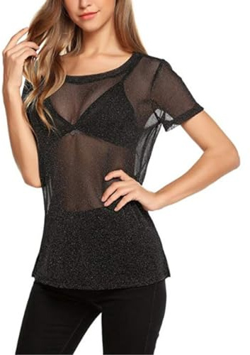 EMOTTOS Tops de Encaje Sexy para Mujer, Manga Corta de Malla Transparente con Estampado Flocado, Mono Transparente de Cuello Redondo para Mujer, Leotardo Femenino Sexy Clubwear