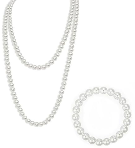 LEEQBCR 1 Stück Perlenkette Weiß 150cm, 1 Stück Perlenarmband, 1920er Jahre Kostüm Accessoires Lange Perlenkette, Damen Weiß Elegante Faux Perlenkette