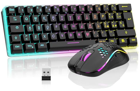 RedThunder 60% Tastiera da Gioco Meccanica Senza Fili, Retroilluminazione Dinamica RGB, Mouse a Nido D'ape Leggero da 3200 DPI, Tastiera Ultracompatta, 62 Tasti Antiriflesso, Layout IT per PC/PS5-Nero