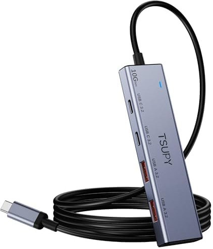 TSUPY Hub USB C 10Gbps Velocidad de Transmisión, Hub USB 3.2 Cable 1.2m de Largo, USB Hub 3.2 Aluminio Adaptador Docking Station, Ladron USB 4 Puertos Compatible con Macbook Air iPhone Pro Lector