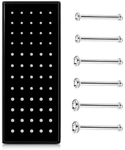 XUZOPIM Piercing Nez Acier Inoxydable 60 Pièces De Piercing De Nez, Clou De Nez, Piercing De Nez,Cristal Strass, Os Droit,Tige De Fierté, Broche En Acier, Anneau De Nez En Acier Inoxydable