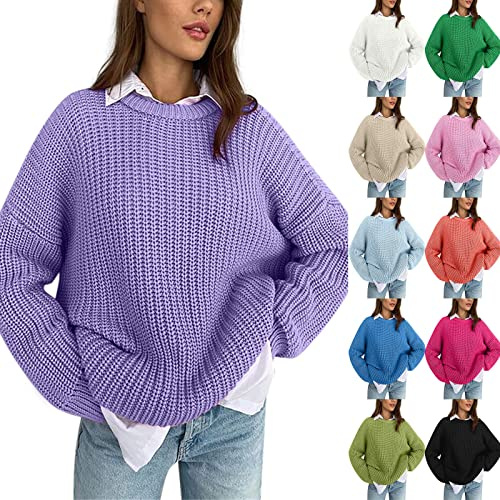 Pull élégant noir pour femme - Pull d'hiver à manches longues - Sweat-shirt pour femme - Pull surdimensionné en coton tricoté à grosses mailles - Pull décontracté à manches longues, Rose, M
