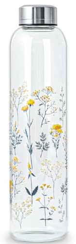WENLIM 1 liter vattenflaska i glas, 1 000 ml dricksflaska i glas med neoprenhylsa, 1 l, BPA-fri borsilikatglasflaska läckagesäker (spridda blommor)