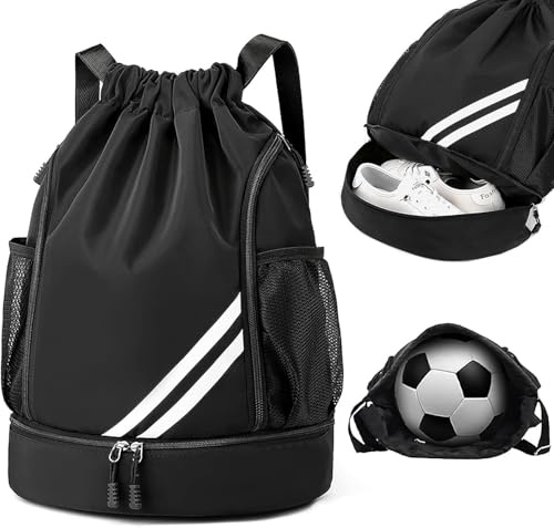 Zorplex Borsa da palestra con coulisse, zaino sportivo resistente all'acqua di grandi dimensioni con scomparto per scarpe, cerniera e tasche in rete per bottiglie d'acqua per sport, nuoto, viaggi