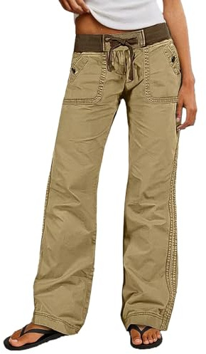 Flamingals Straight Leg Pants for Women Drawstring Waist Mid Rise Casual Solid Seam Detail Pants Light Khaki S