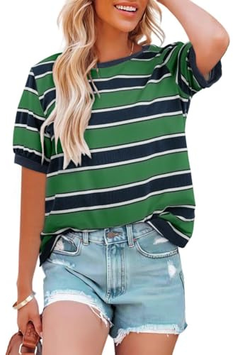 Cuptacc Maglietta da donna con scollo rotondo, larga, a righe, estiva, casual, in cotone, a contrasto, a maniche corte, verde e blu., L