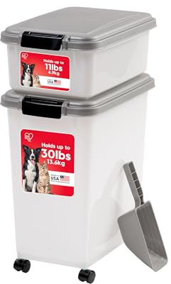 IRIS USA 30 lbs & 11 lbs Combo Airtight Dog Food Storage Container, Stackable Treat Box, 2-Cup Scoop, Wheels, Keep Fresh, Easy Mobility, Silver