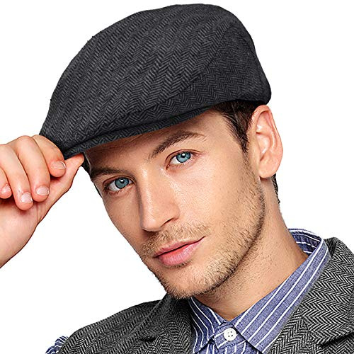 LADYBRO Black Flat Caps for Men Cabbie Ivy Large XL Newsboy Hat Wool Blend Tweed 7 5/8