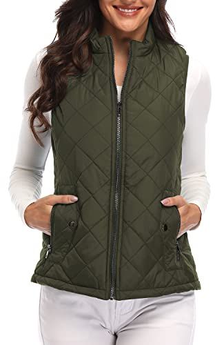 Argstar Lightweight Stand Collar Zip Pockets Gilet Quilted Puffy Vest for Women - Green - Medium