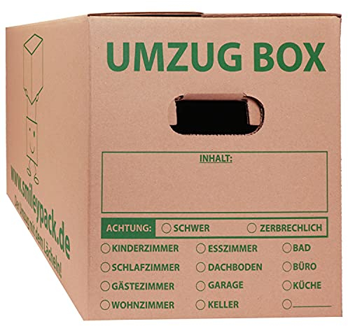 smiley pack 50 x stabile Umzugskartons - 620 x 300 x 330 mm - Extra groß und wieder-verwendbar - Umzugskiste 40kg Traglast - Umzug mit Karton-Box - Robuster Umzugskarton mit Deckel - Ordnungsboxen