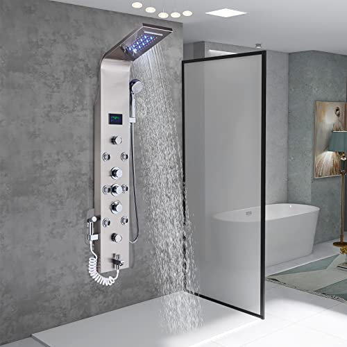 TTICCTIY Bathroom LED Shower Panel Tower System 304 Stainless Steel 6 Function with Top Shower Head Hand Shower Massage Jets and Tub Spout Spray Gun Wall Mounted Brushed Nickel
