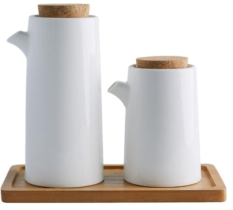 Housoutil Liquid Condiment Dispenser Ceramics，Oil and Vinegar Dispenser Set, White Ceramic Soy Sauce Dispenser, Ceramic Oil Dispenser of 2 with 20x16.5cm Tray