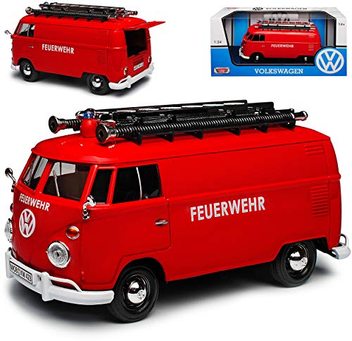 Motormax VW Volkwagen T1 Kasten Feuerwehr Rot Samba Bully Bus 1950-1967 1/24 Modell Auto