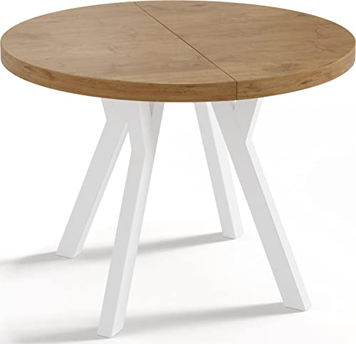 WFL GROUP Designer Runder Ausziehbarer Esstisch - Loft-Stil, Industriell, Platzsparend - Weiße Beine - 100 bis 200cm - für 6-8 Personen - Hergestellt in EU - Eiche Lancelot - 200 cm