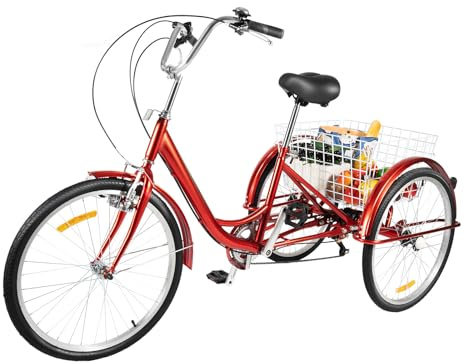 KOLHGNSE Trehjuling för vuxna, 24 tums trehjuling 6-växlad 3-hjulscykel vuxen trehjuling Cruise Trike Bike med korg och ljus för alla kön och åldersgrupper (röd)