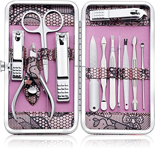 Tagliaunghie Set Professionale - Grooming Kit Strumenti per Manicure e Pedicure 12 pcs con Bella Box (Rosa)