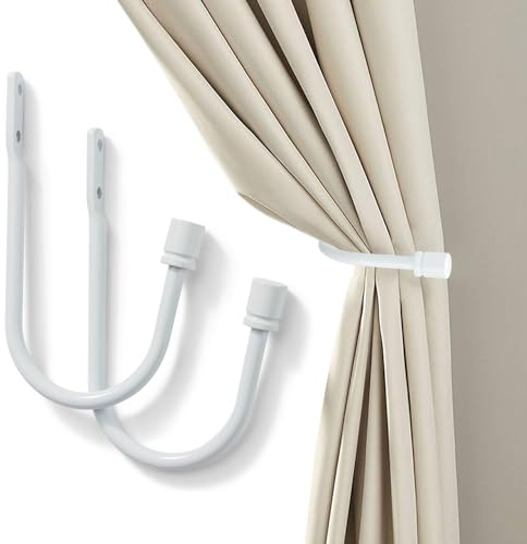 SIXZOONM 2Pcs Curtain Holdbacks, Metal U Shaped Hook Wall Mounted, Tassel Curtain Tieback Hook, Drapery Tiebacks, Curtain Accessories, Decorative Curtain Drapery Holdback (White)