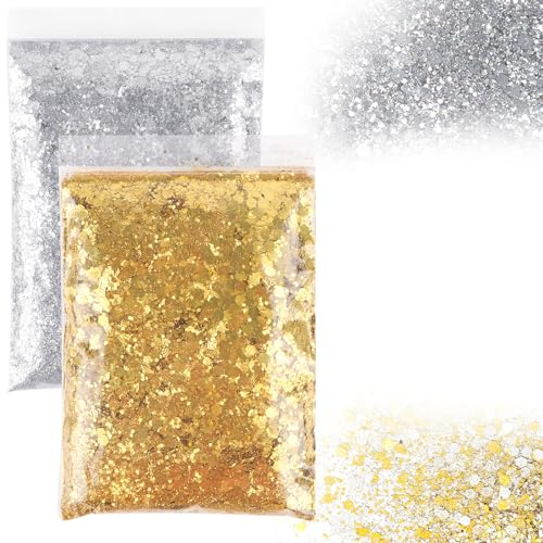Glitzerpulver 100g/3.5oz,Glitzerpuder Silber Glitzer Gold Glitter Pulver Glitzer Basteln für DIY Nägel Gesicht Makeup Gesicht Kartenbasteln Handwerk,(Gold + Silber)