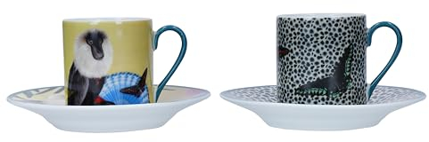 Mikasa x Sarah Arnett Espresso Cups Set, 2x Espresso Cups and Saucers, Porcelain Small Espresso Cups with Animal Print, 85ml - Gift Boxed and Dishher Safe (Coffret cadeau et lavable au lave-vaisselle)