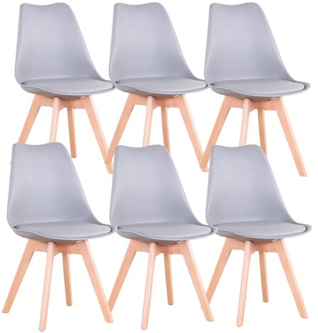Uderkiny Juego de 6 Sillas de Comedor, Sillas Escandinavas, Patas de Madera Maciza, Diseño Nórdico Ergonómico, Ideal para Comedor, Salón, Cocina, Dormitorio (Gris, 6)